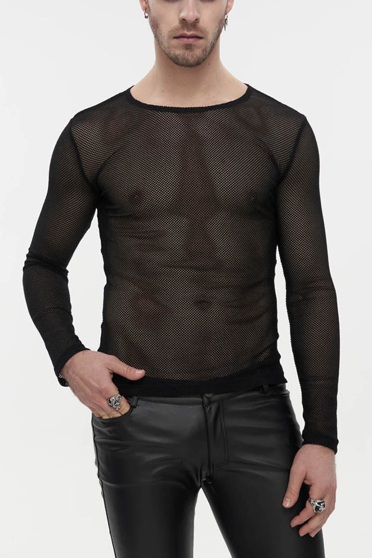 Black Gothic Elasticity High Neck Long Sleeve Mesh Men's Shirt