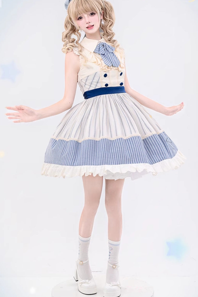 Blau/Elfenbeinfarbenes süßes Lolita-Kleid mit ärmellosem Rüschen- und Schleifenmuster im Marine-Stil