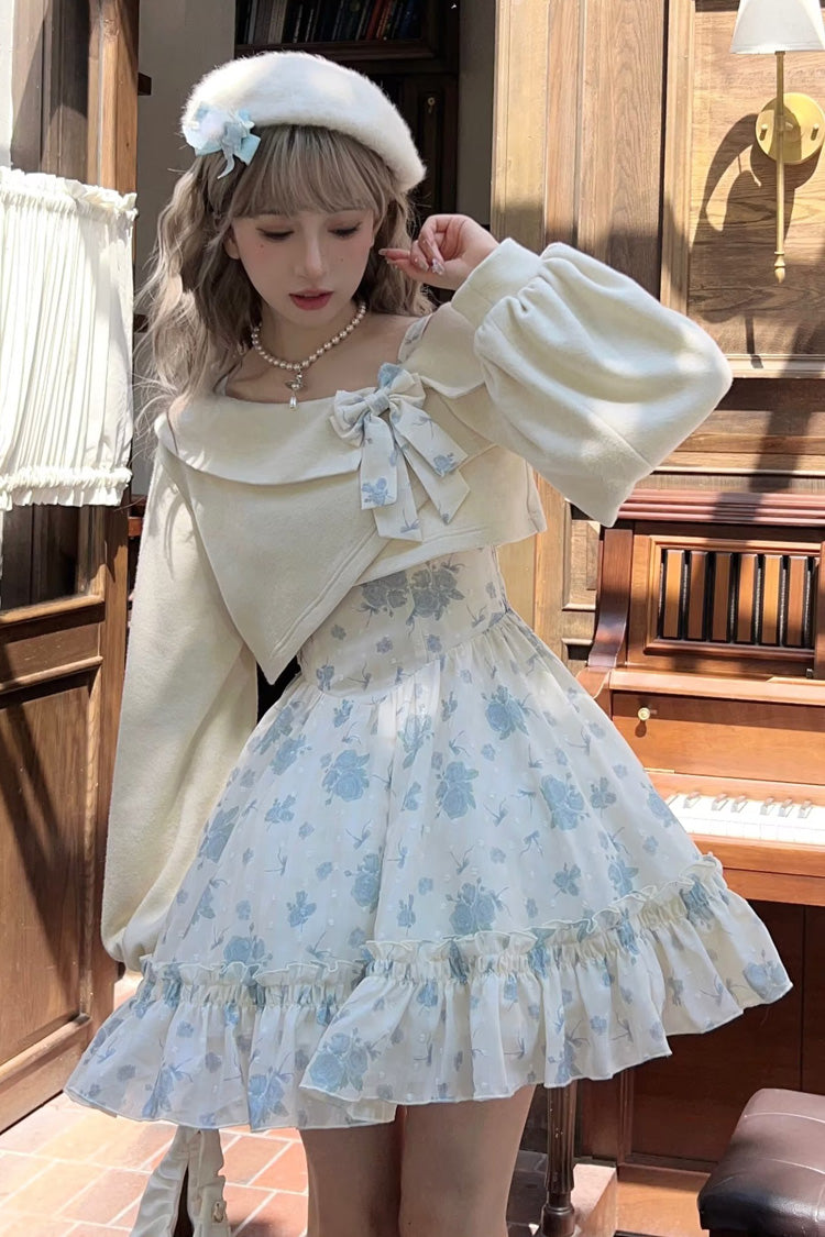 Blue Oblique Shoulder Print Ruffle Bowknot Lace Sweet Lolita Jsk Dress Set