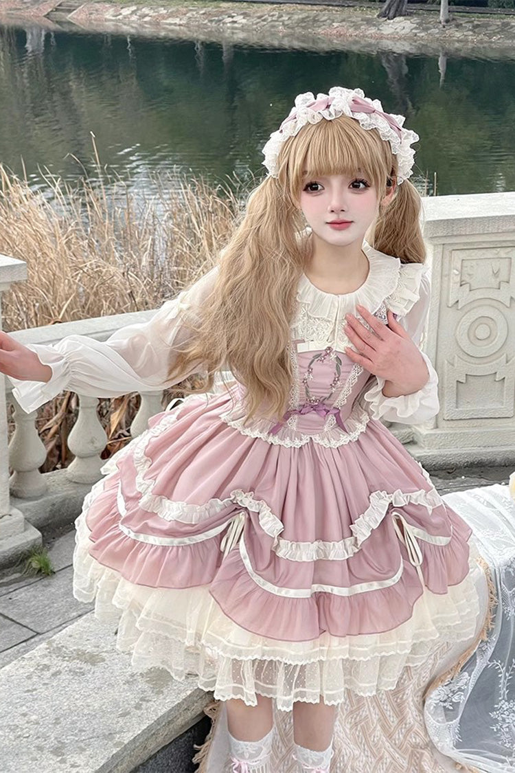 Pink Floating Light Dance Multi-layer Ruffle Embroidery Bowknot Lace Sweet Lolita Jsk Dress