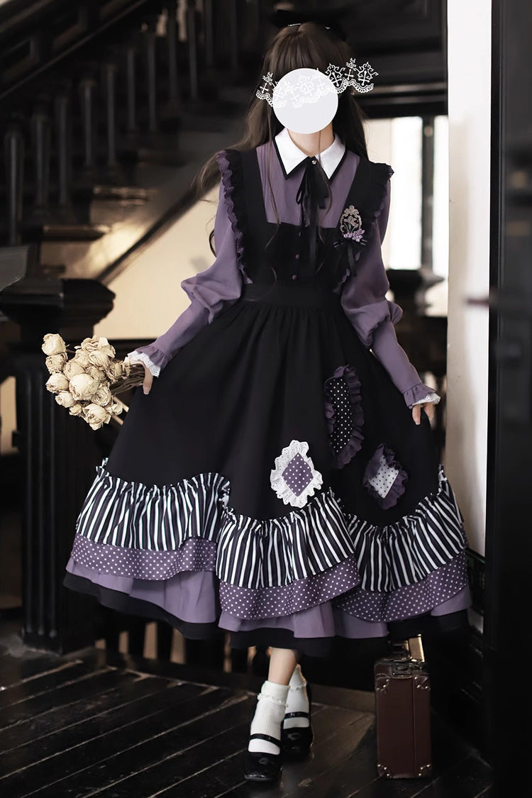 Schwarzes [Witch Academy] Doppellagiges, süßes Lolita-Pulloverkleid mit Streifenmuster, Rüschen und Schleife