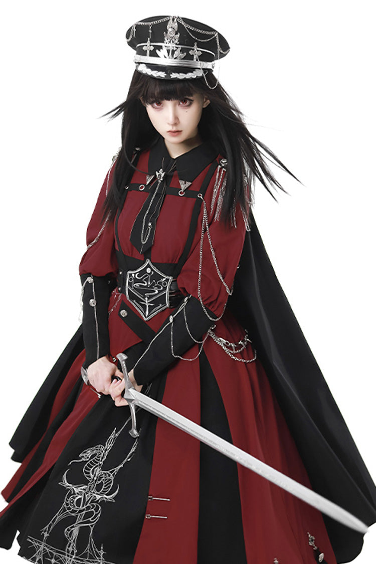 Rot/Schwarz [Scarlet Night Knight] Elegantes Lolita-Kleid mit Metallketten-Print und Schleife im Gothic-Militärstil