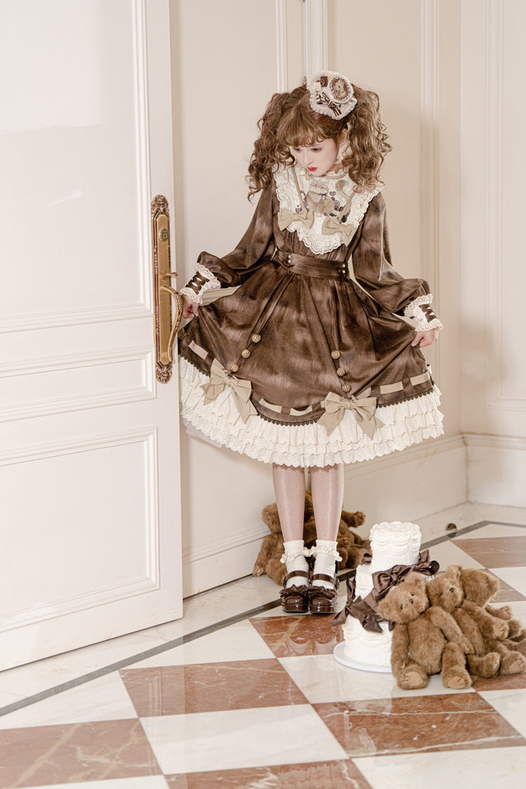 Brown [Chocolate Cat] Print Long Sleeves Ruffle Bowknot Sweet Lolita Dress