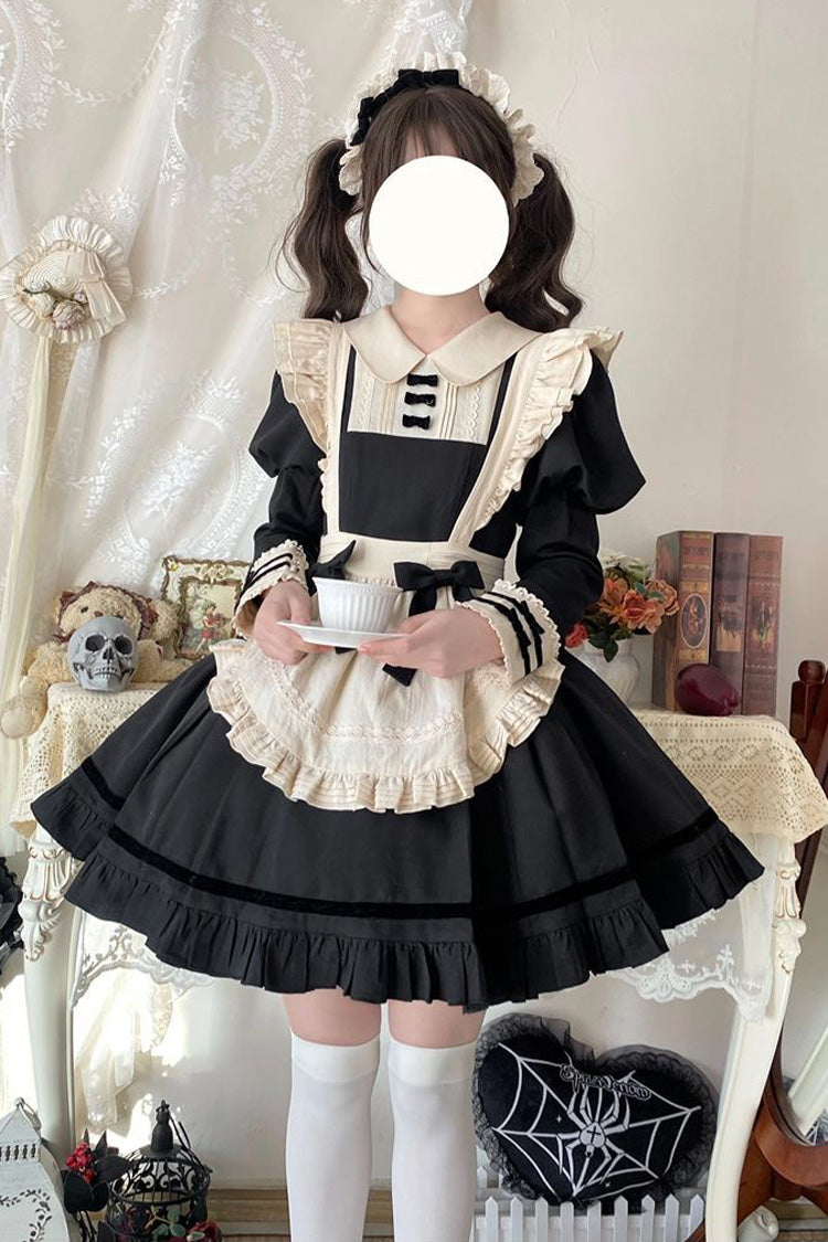 Black Maid Lapel Collar Short Sleeves Ruffle Sweet Classic Lolita Dress (Short or Long Version)