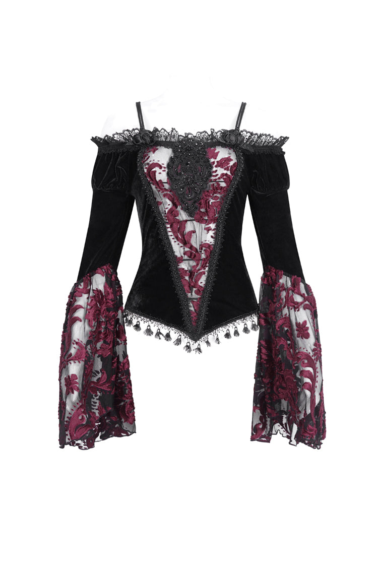 Black/Red Off Shoulder Trumpet Sleeves Embroidery Lace Women's Gothic Blouse