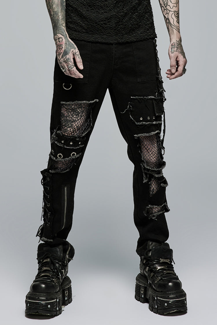 Black Hollow Lace-Up Ripped Men's Punk Pants