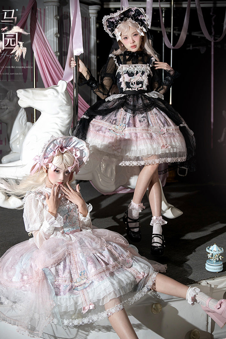 Pink/Blue [Pegasus Park] Multi-Layered Print Ruffle Bowknot Lace Sweet Gorgeous Lolita Jsk Dress