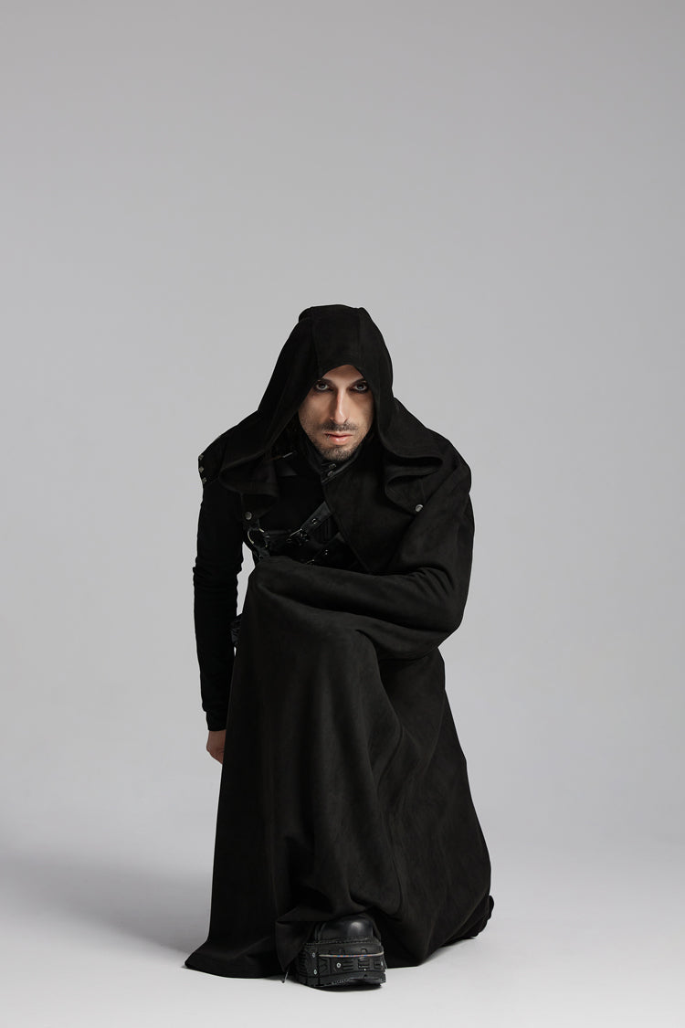 Black Hooded Buckle-up Rivets Men's Punk Cloak