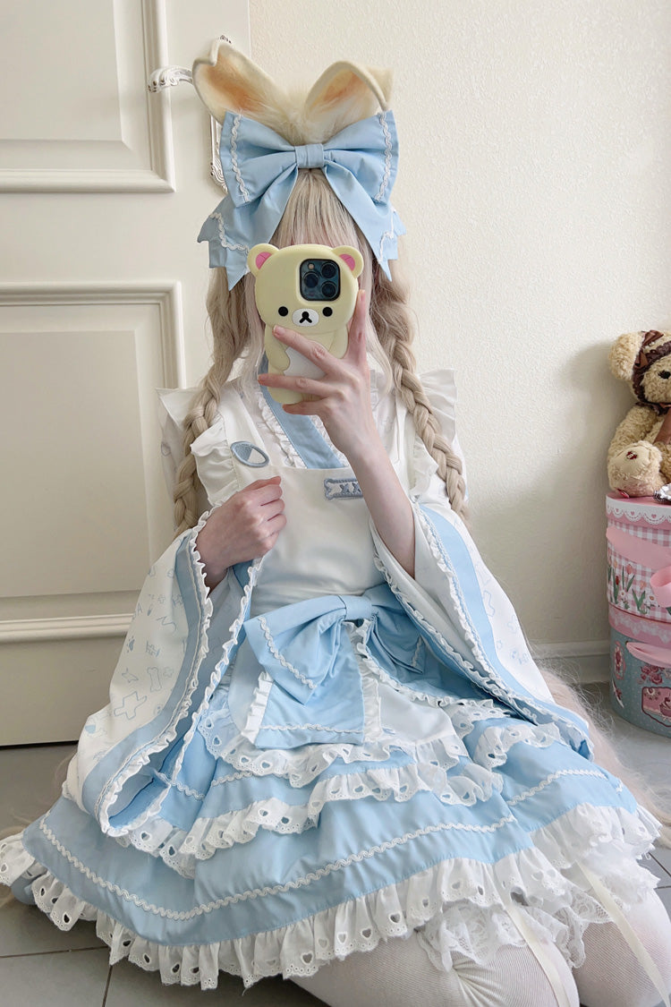 Blue/White Double-Layered Ruffle Bowknot Maid Sweet Lolita Skirt Set