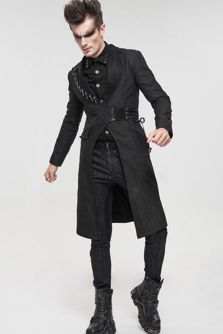 Black Punk Twill Imitation Leather Metal Pin Decoration Drawstring Design Long Men's Coat