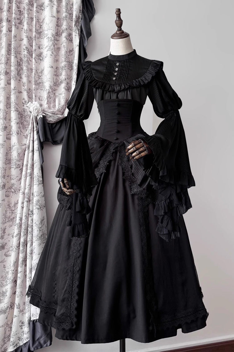 Schwarz [Schlafwandeln] Lange Hime-Ärmel, Nähte, Spitze, Plus Size Gothic, elegantes Lolita-Rock-Set