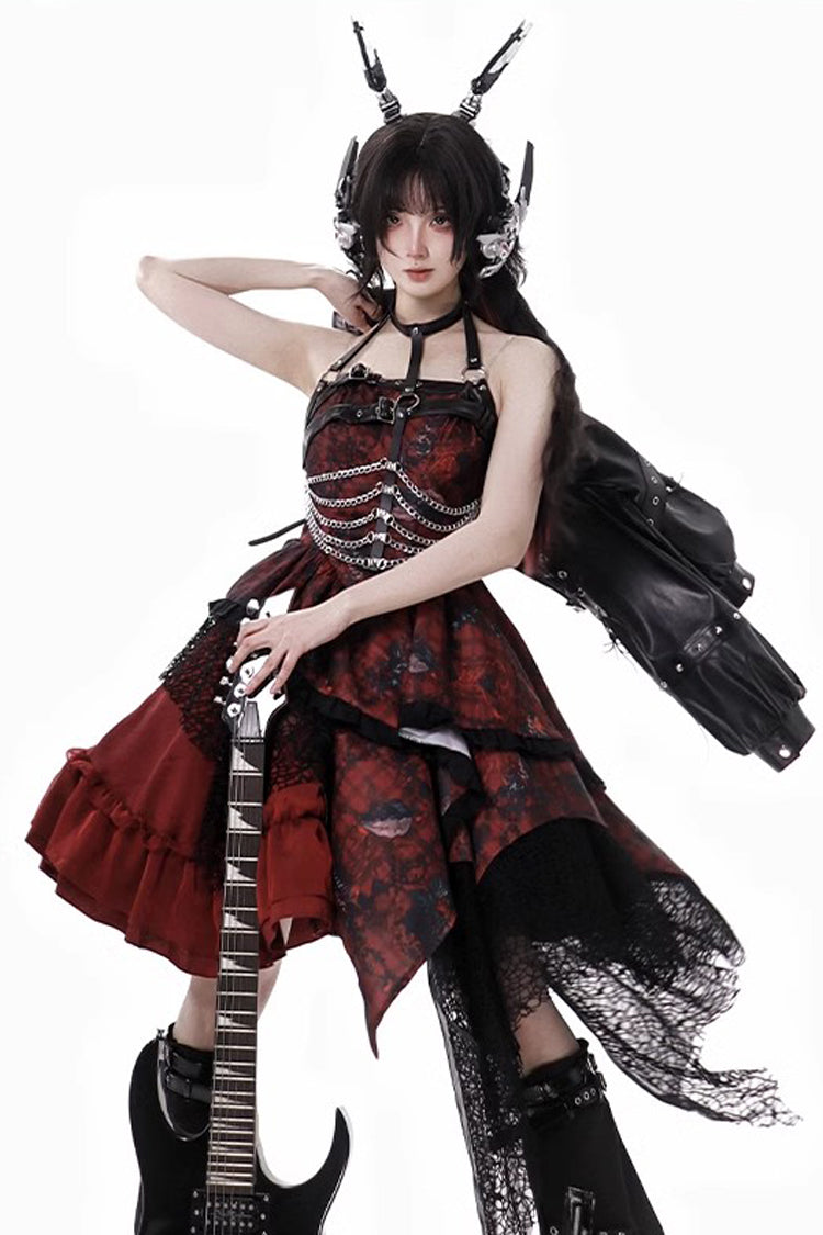 Red [Strawberries of Blood and Tears] Sleeveless Print Ruffle Bowknot Lace Asymmetric Gothic Lolita Jsk Dress