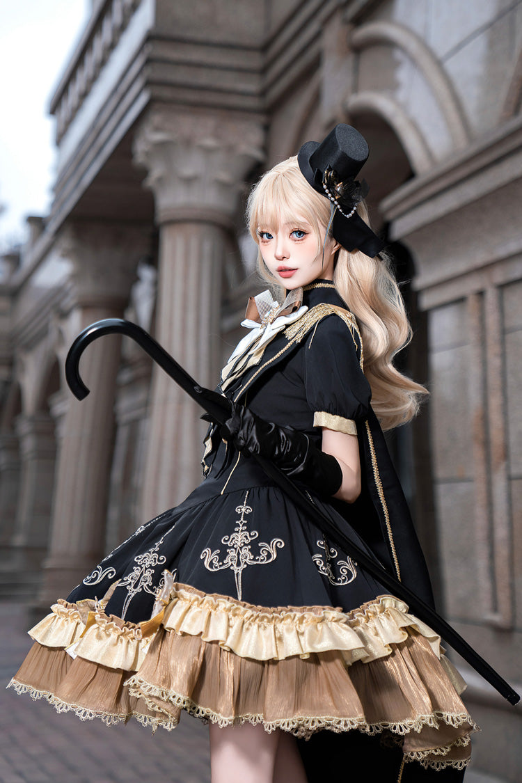 Black [Gilded Oath] Short Sleeves Double-Layered Ruffle Embroidery Bowknot Gothic Lolita Dress