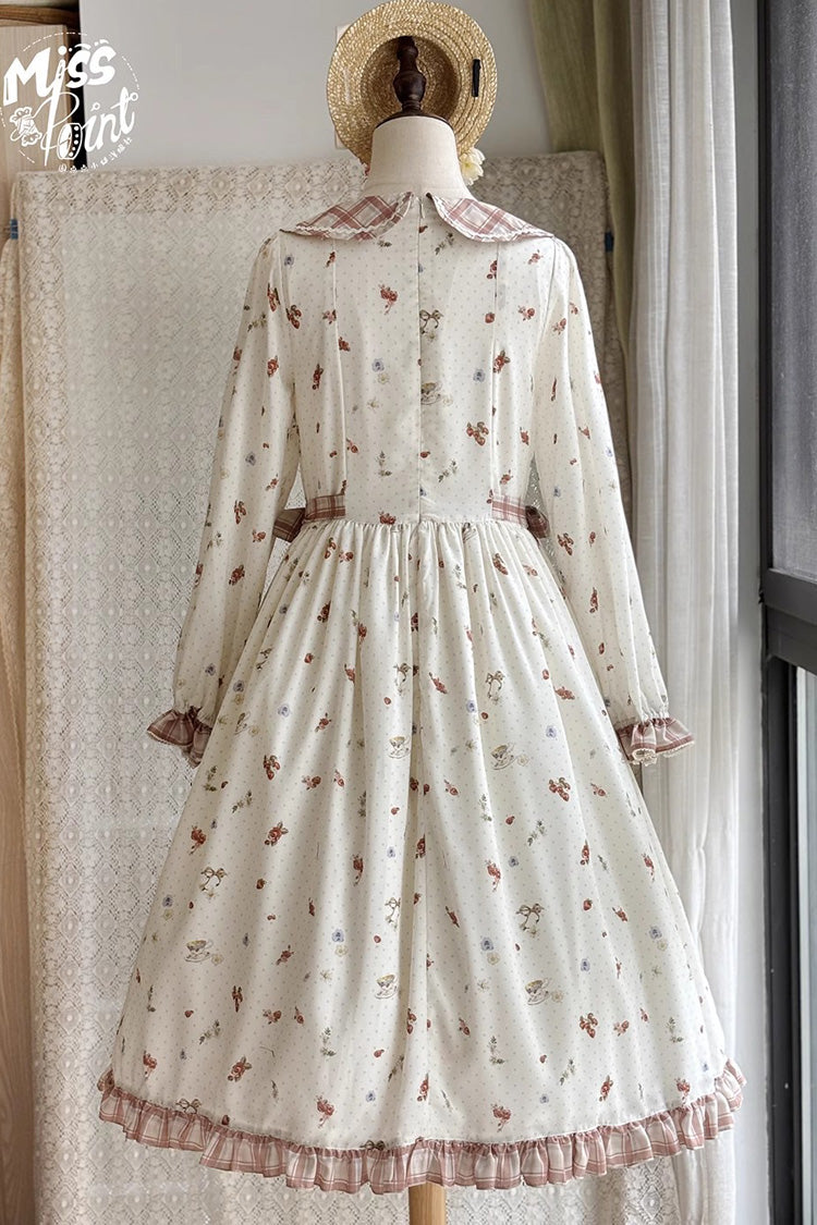 Ivory Round Collar Long Sleeves Print Ruffle Bowknot Sweet Elegant Lolita Dress