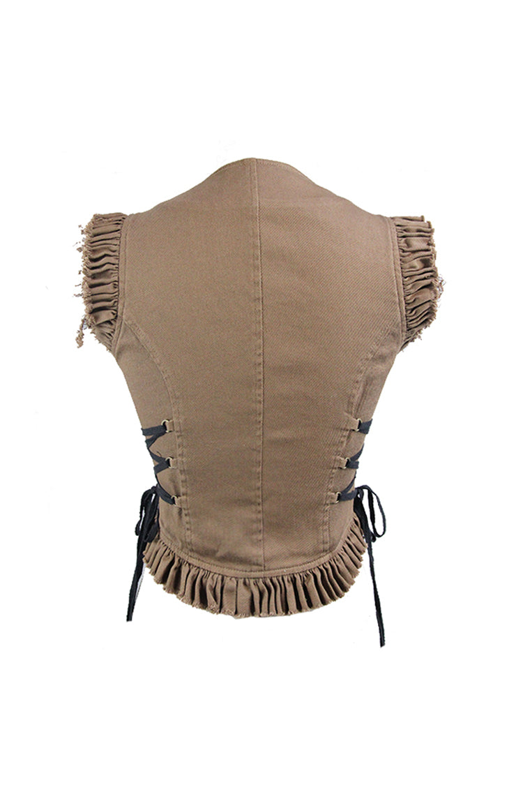 Brown Hand-Rubbed Leather Low Collar Loop Side Lace-Up Frill Hem Short Women's Punk Waistcoat