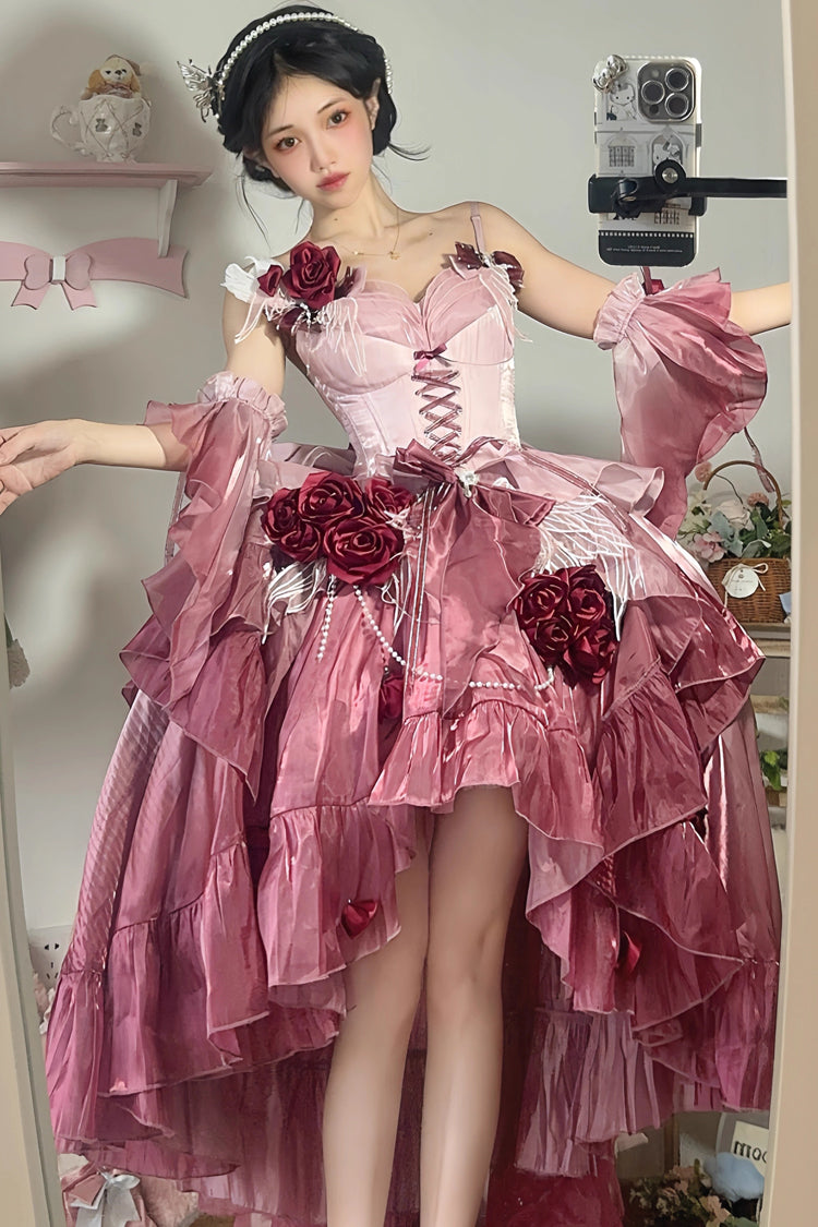 Pflaumenrot [Swan Wonderland] Stickerei Bowknot Schnürung Kurze Vorderseite Lange Rückseite Unregelmäßiges süßes Ballett Lolita Jsk Kleid