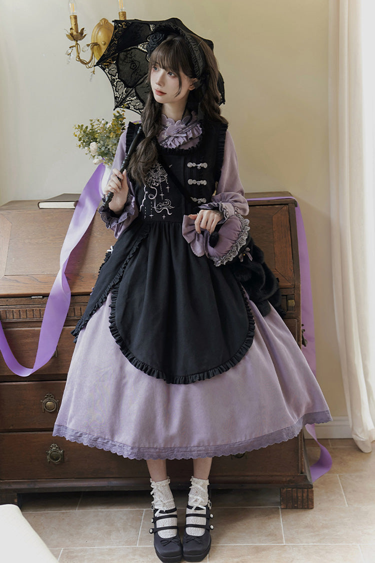 Black/Purple Petal Collar Drawstring Long Sleeves Embroidery Sweet Chinese Style Lolita Dress Two-piece Set