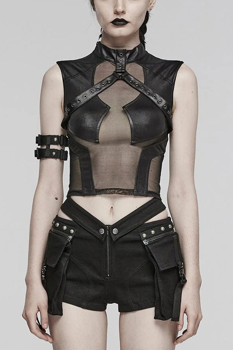 Schwarze Steampunk-Weste aus Leder mit Nähten und durchsichtigem Netzstoff für Damen