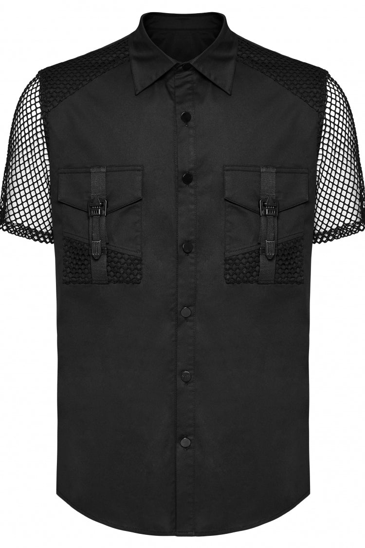 Black Lapel Collar Short Sleeves Mesh Stitching Men's Punk Blouse