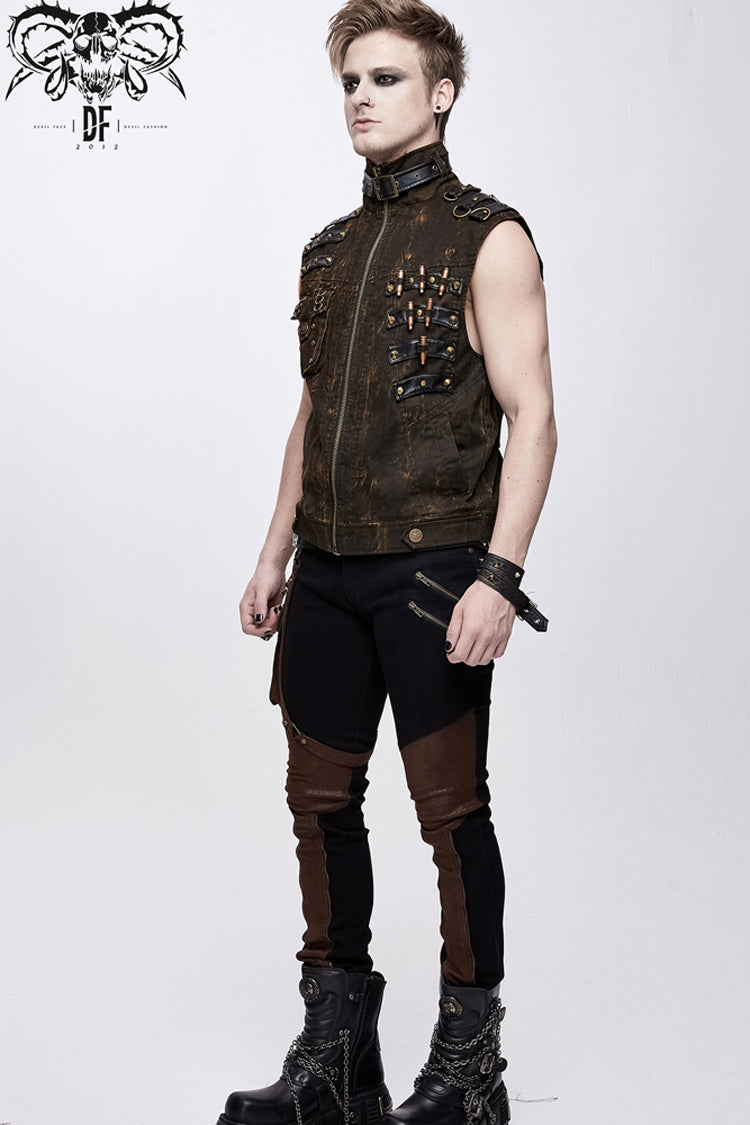 Brown Asymmetrical Bullet Belt 3D Pocket Leather Loop Rivet Back Lace Up Men's Punk Waistcoat