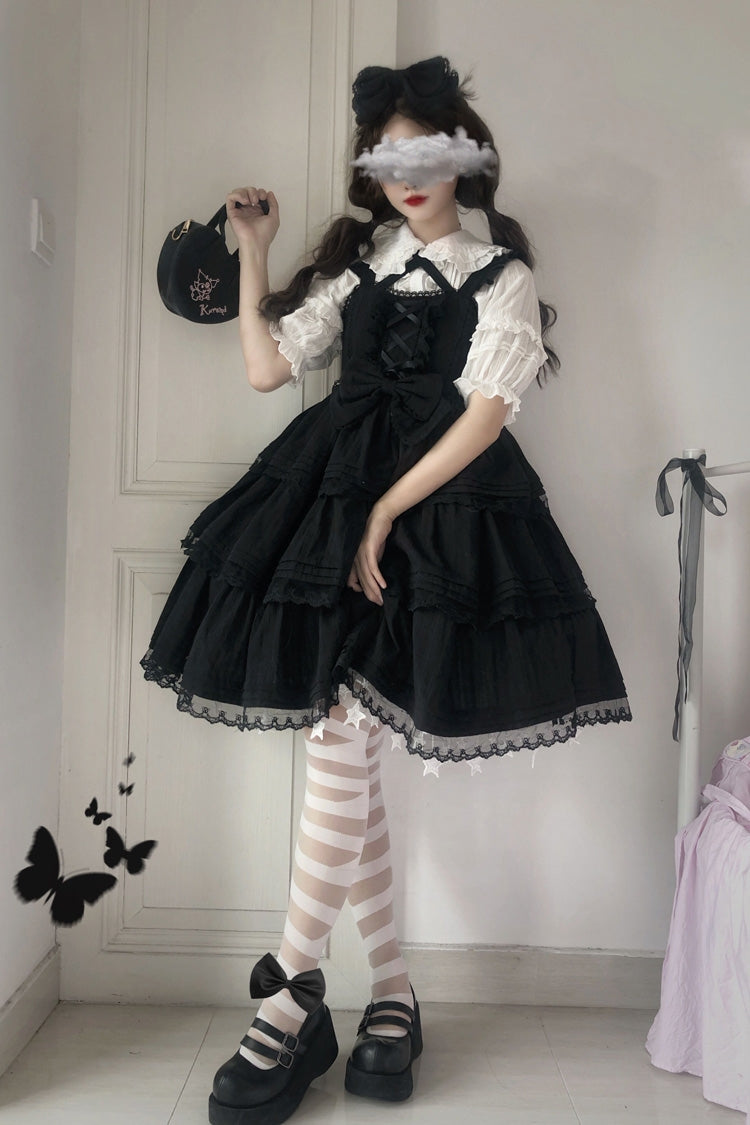 Schwarzes dreilagiges Gothic-Lolita-JSK-Kleid von First Love mit Rüschen, Schleife und Spitze