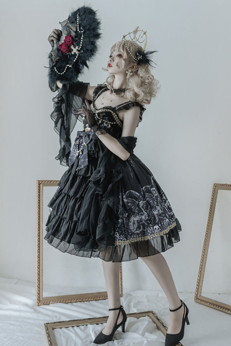 Schwarzes Rüschen-Cardigankleid mit Drachenreiter-Print, Schleife und Spitze, Gothic-Lolita-JSK-Kleid