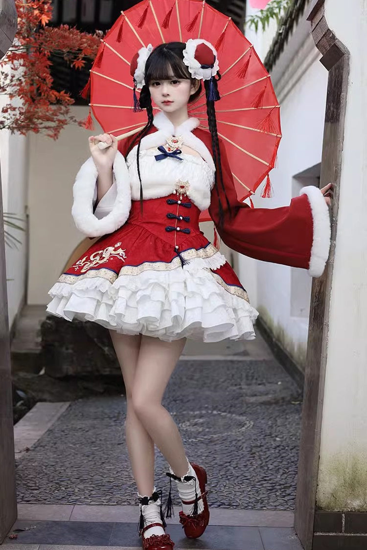 Mehrlagiges Rüschen-Stickerei-Schleifen-Kleid im süßen chinesischen Lolita-JSK-Stil, 2 Farben