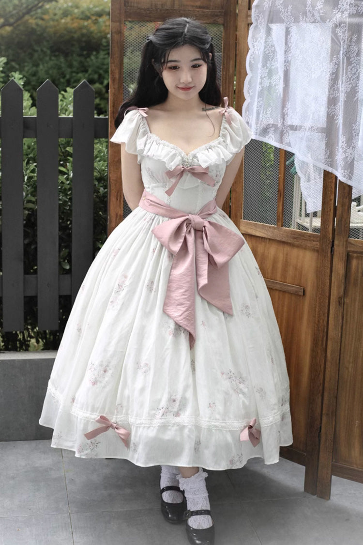 Rose Elegant Short Sleeves Print Ruffle Bowknot Sweet Plus Size Lolita Dress 2 Colors