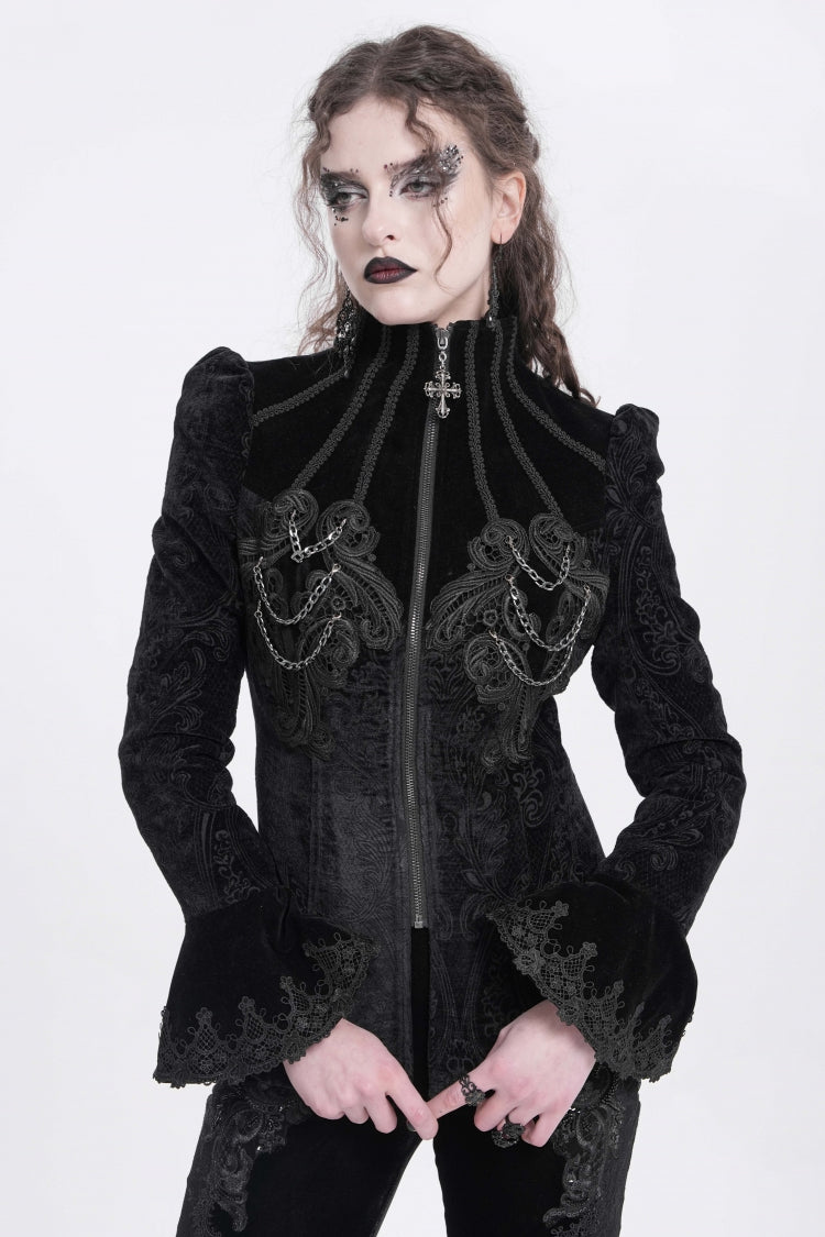 Black Stand Collar Long Trumpet Sleeves Embroidery Women's Gothic Jacket