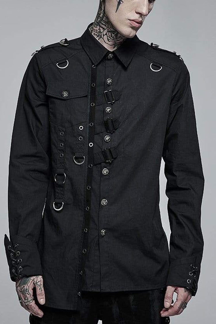 Black Punk Asymmetric Hem Personality Metal Buckle Decorative Soft Long Sleeve Men's Shirt