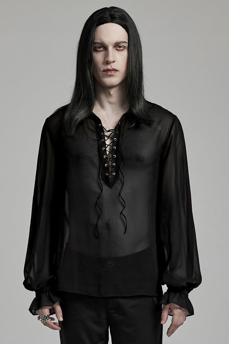 Black Lapel Collar Sheer Men's Gothic Blouse