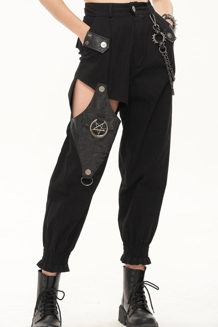 Black Punk Cutout Leather Splicing Detachable Metal Chain Women's Long Pants