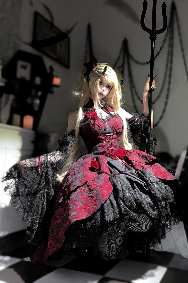 Black/Red [Weeping Rose] Jacquard Print Ruffle Cardigan Bowknot Lace-Up Gothic Lolita Dress