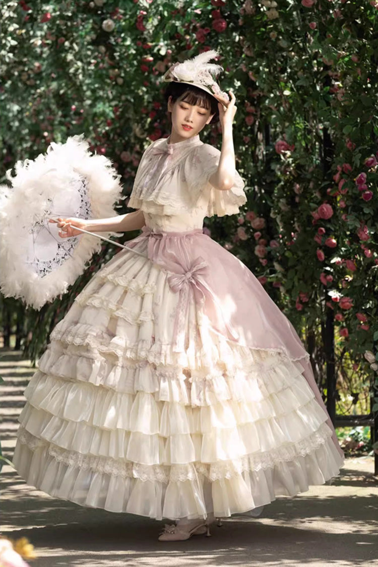 Multi-Color Bellflower Print Ruffle Lace Sweet Princess Lolita Dress