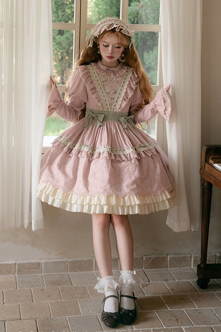 Pink [Solitary Orchid In Quiet Valley] Long Sleeves Multi-Layered Embroidery Bowknot Sweet Lolita Dress