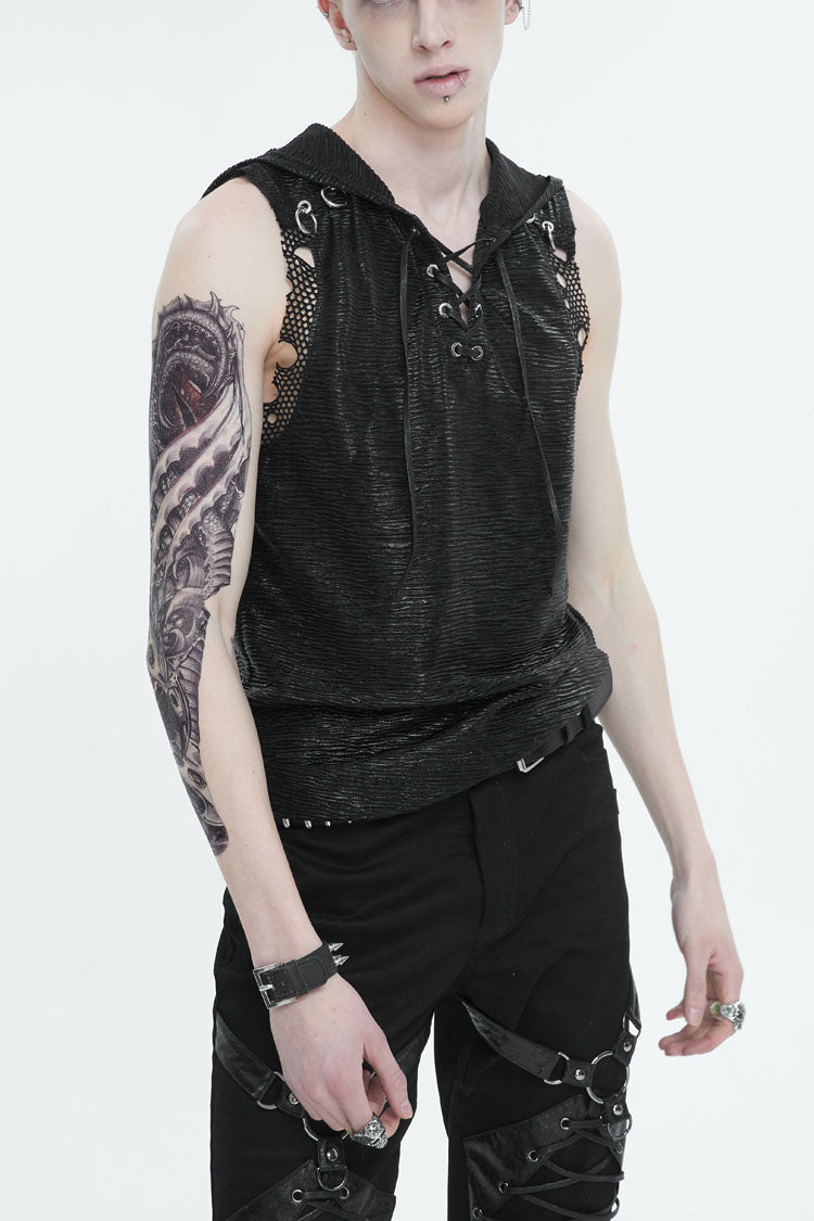 Black Strappy Mesh Splice Men's Punk Vest With Hood