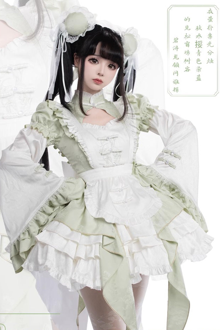 Green Long Trumpet Sleeves Ruffle Bowknot Lace Sweet Chinese Style Lolita Jsk Dress Set