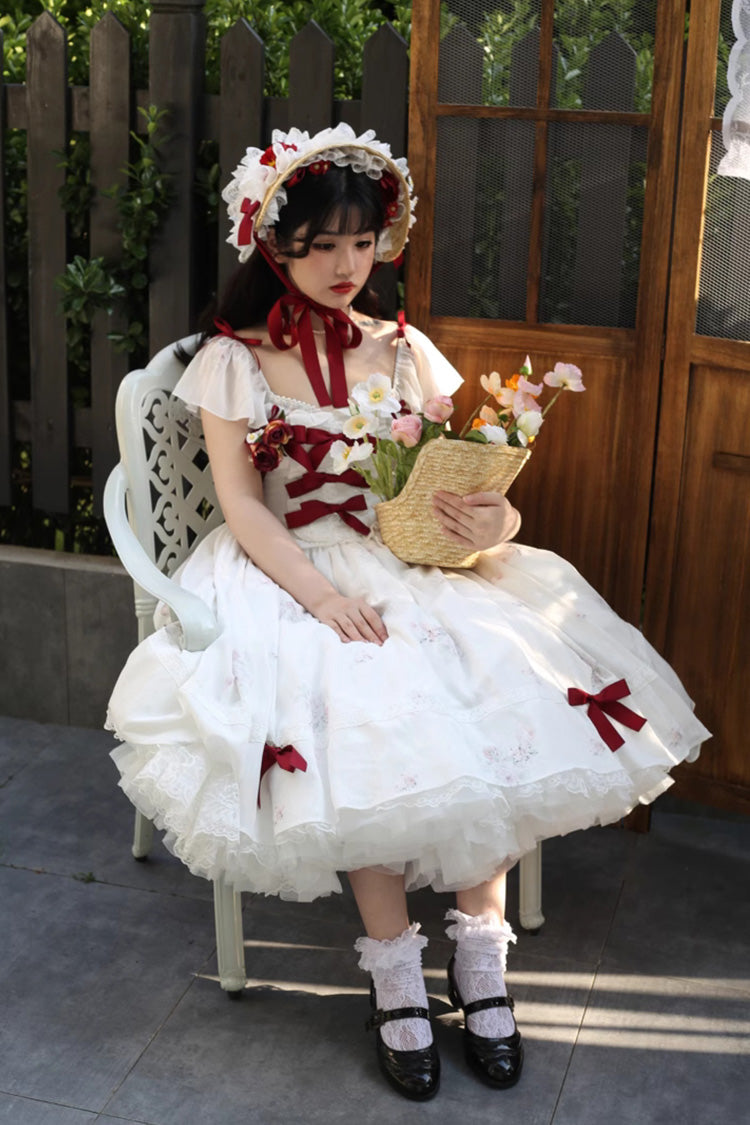 Rose Elegant Short Sleeves Print Ruffle Bowknot Sweet Plus Size Lolita Dress 2 Colors