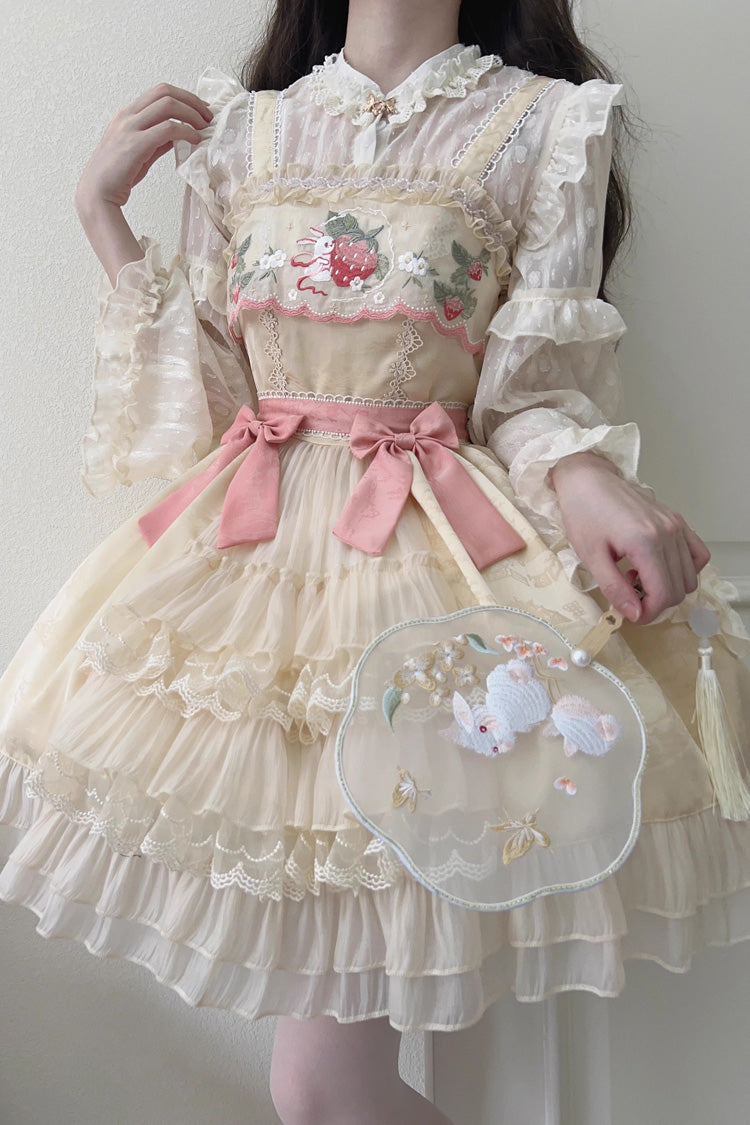 Süßes Lolita JSK Kleid mit Rüschenstickerei und Schleife im Mondkaninchen-Stil