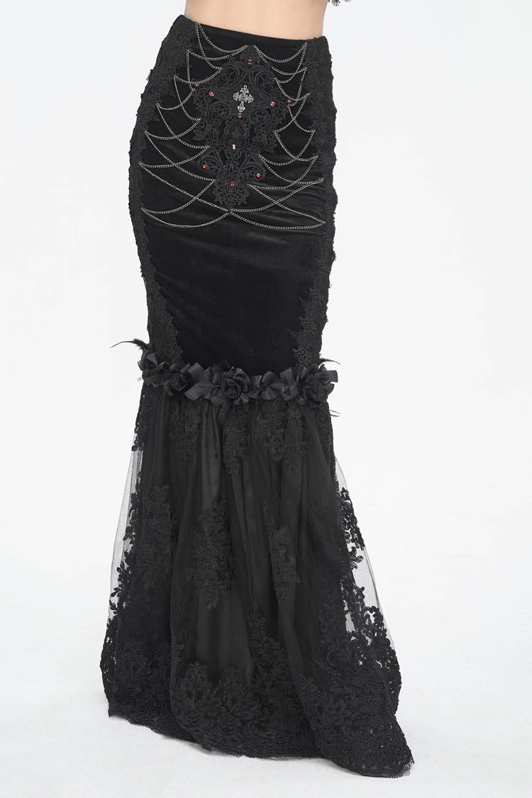 Black High Waisted Embroidery Stitching Lace Women's Gothic Skirt