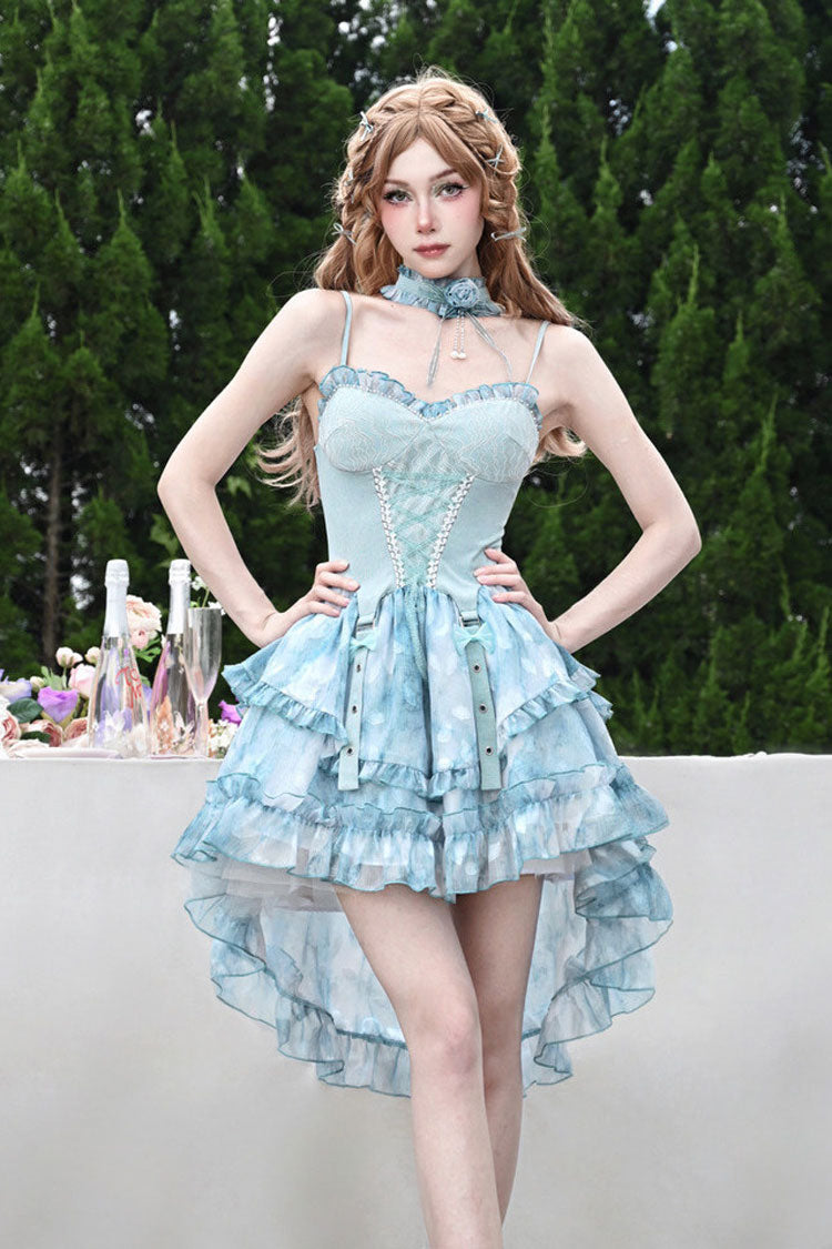 Blue [Mirrorless Dream] Double-Layered Tie-dyed Print Ruffle Bowknot Lace Train Sweet Lolita Jsk Dress