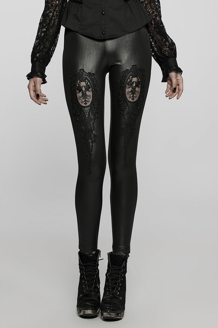 Black Floral Hollow Slim Faux Leather Women's Gothic Leggings