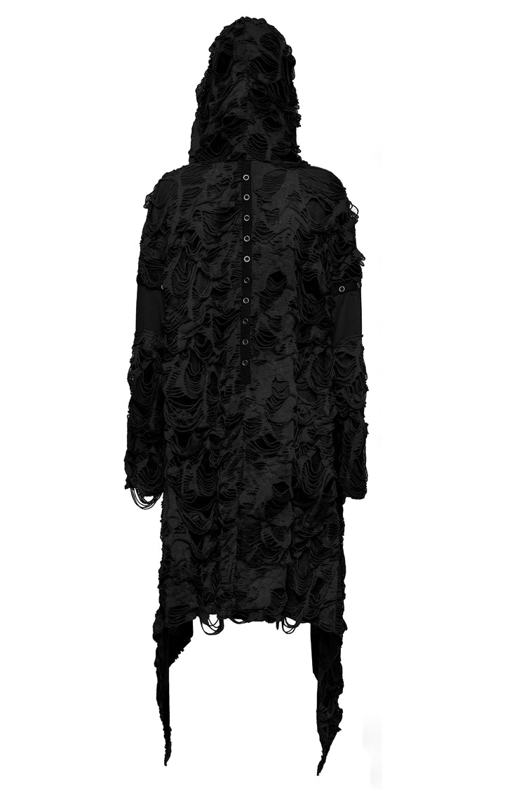 Black Ruffle Hooded Ripped Asymmetric Women's Punk Long Coat