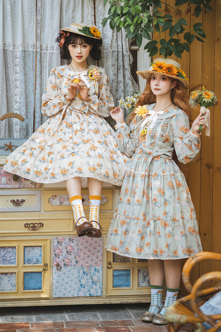 Apricot [Gardening Sunflower] Long Sleeves Print Ruffle Bowknot Sweet Elegant Lolita Dress