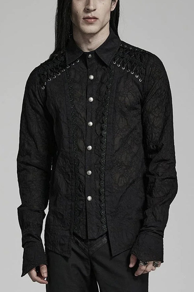 Black Lapel Collar Long Sleeves Lace Mens Daily Gothic Elegant Blouse