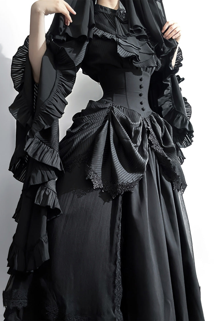 Schwarz [Schlafwandeln] Lange Hime-Ärmel, Nähte, Spitze, Plus Size Gothic, elegantes Lolita-Rock-Set