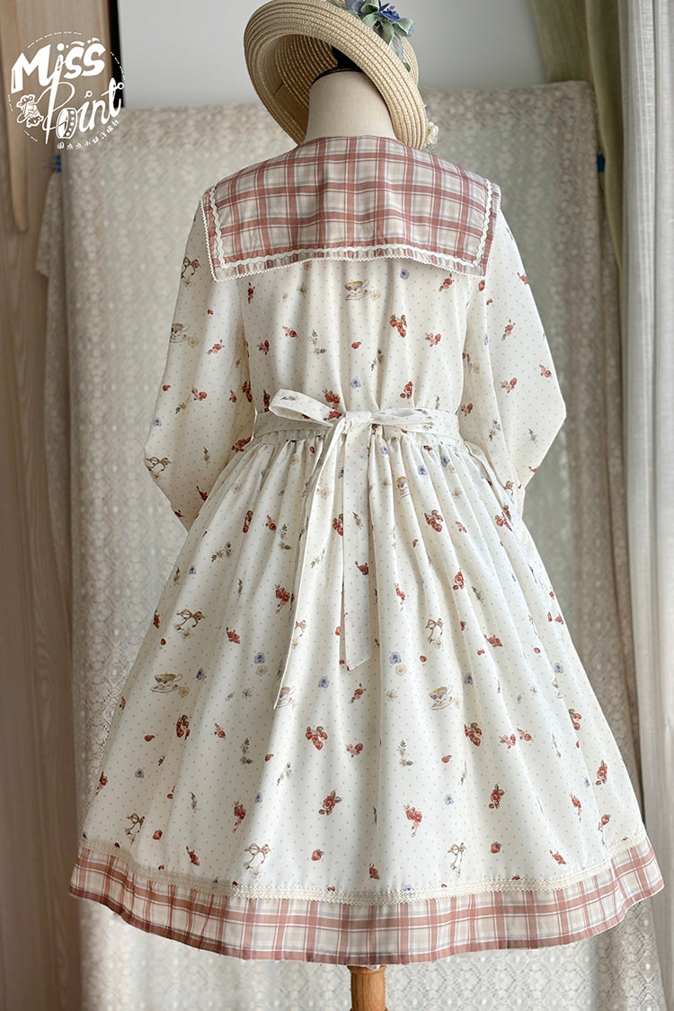 Ivory Sailor Collar Print Ruffle Bowknot Sweet Elegant Lolita Dress