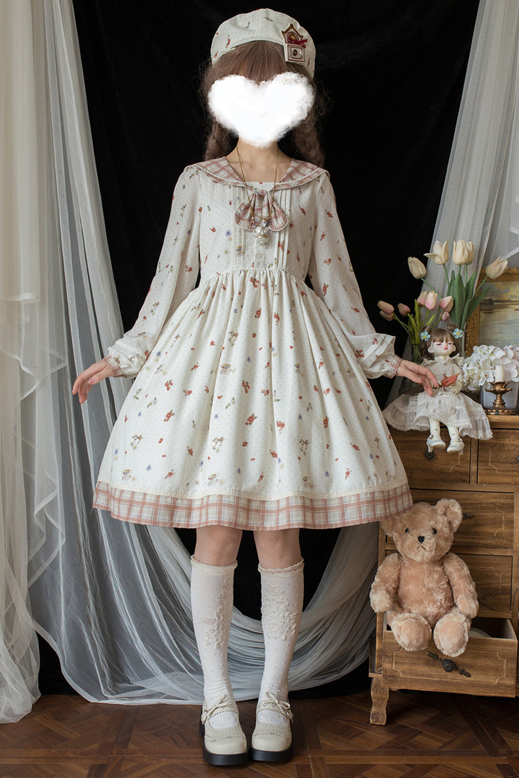 Ivory Sailor Collar Print Ruffle Bowknot Sweet Elegant Lolita Dress