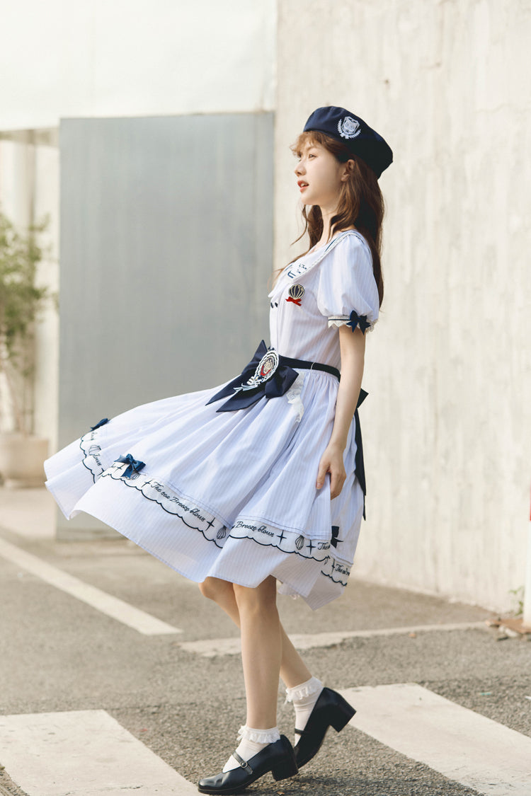 White Navy Stripe Print Short Sleeves Ruffle Embroidery Sweet Lolita Dress