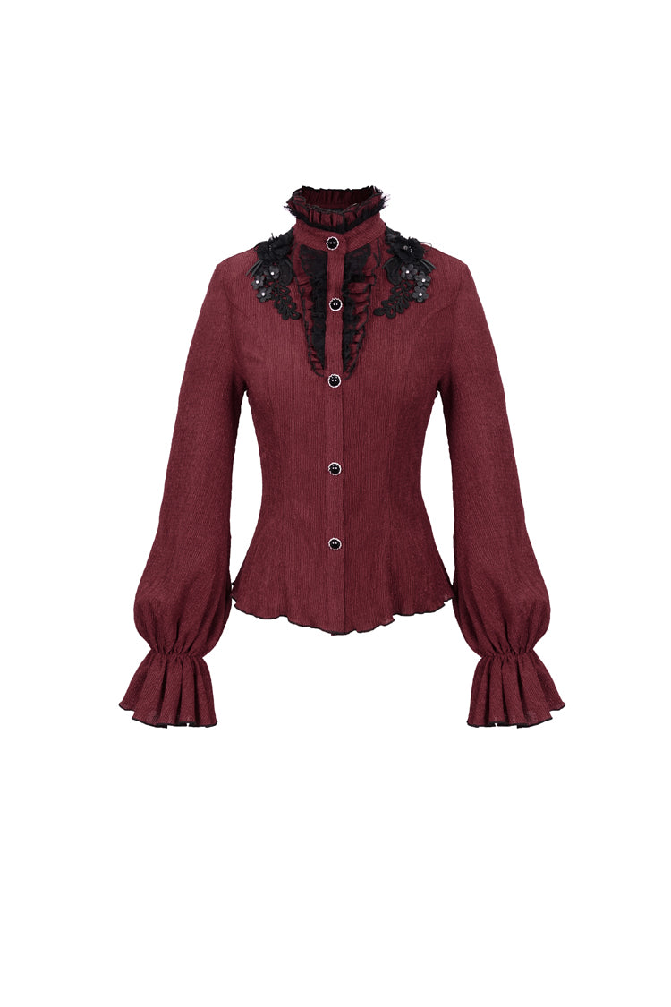 Red Lace High Neck Three Dimensional Embroidered Lantern Trumpet Sleeves Women's Gothic Shirt